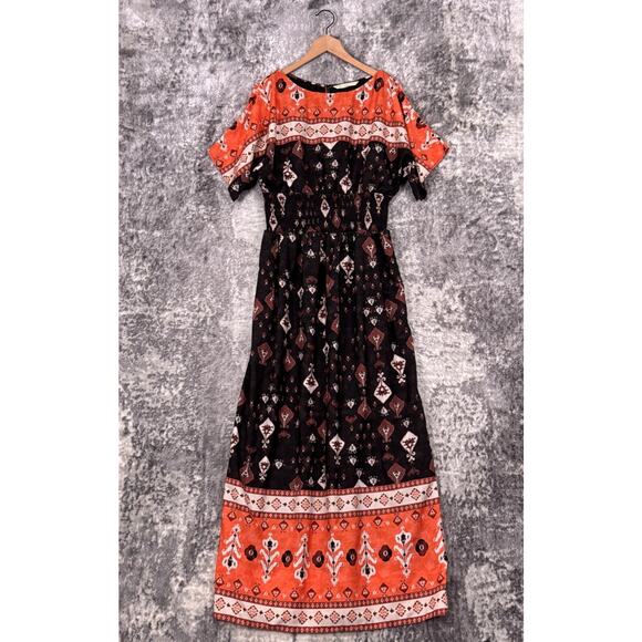 Wayward Fancies Dress XL Womens Orange Ikat Smocked Waist Side Slits Maxi - Picture 1 of 9